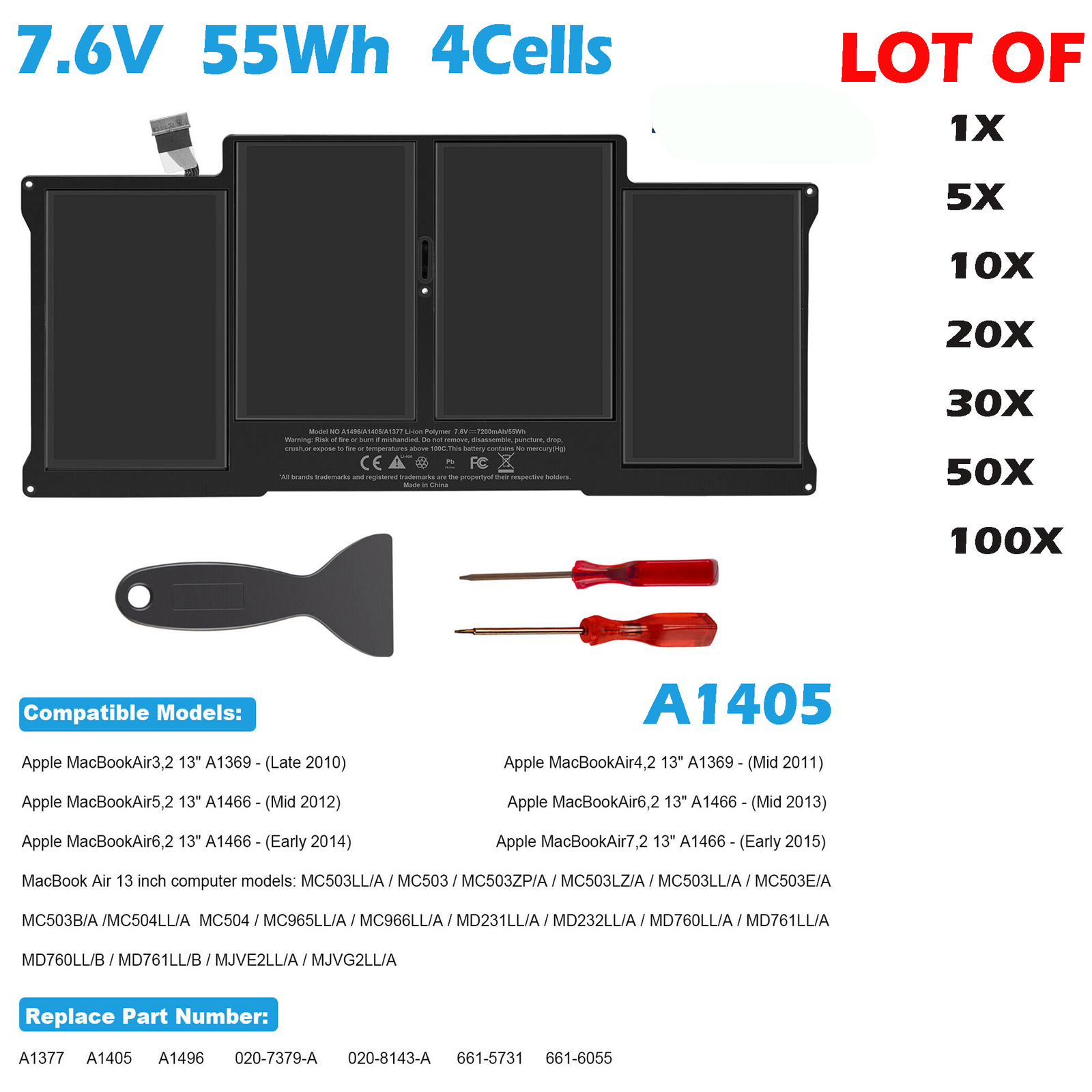 🧡LOT A1405 A1466 A1369 Battery For Apple MacBook Air 13” A1377 A1496 2013-2017