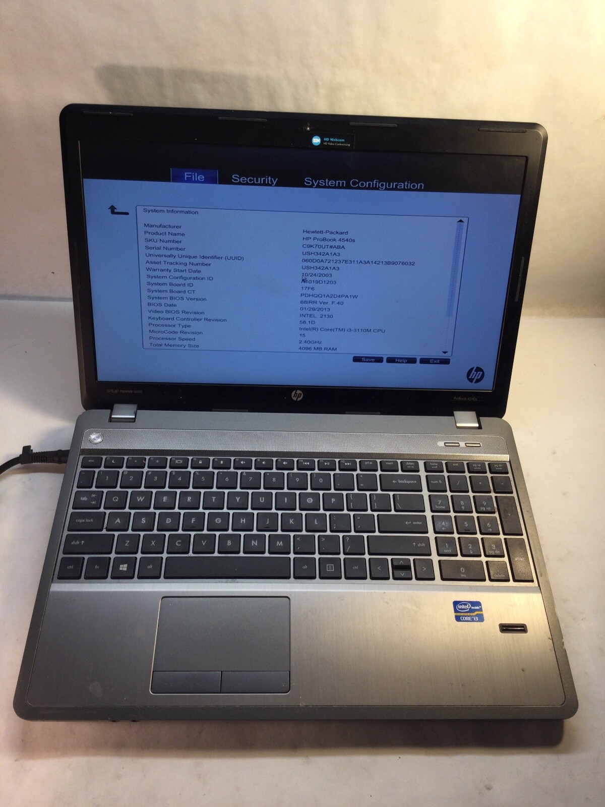 HP ProBook 4540S 15″ Laptop Intel Core i3-3110M -BOOTS TO BIOS/BAD KB – MZ