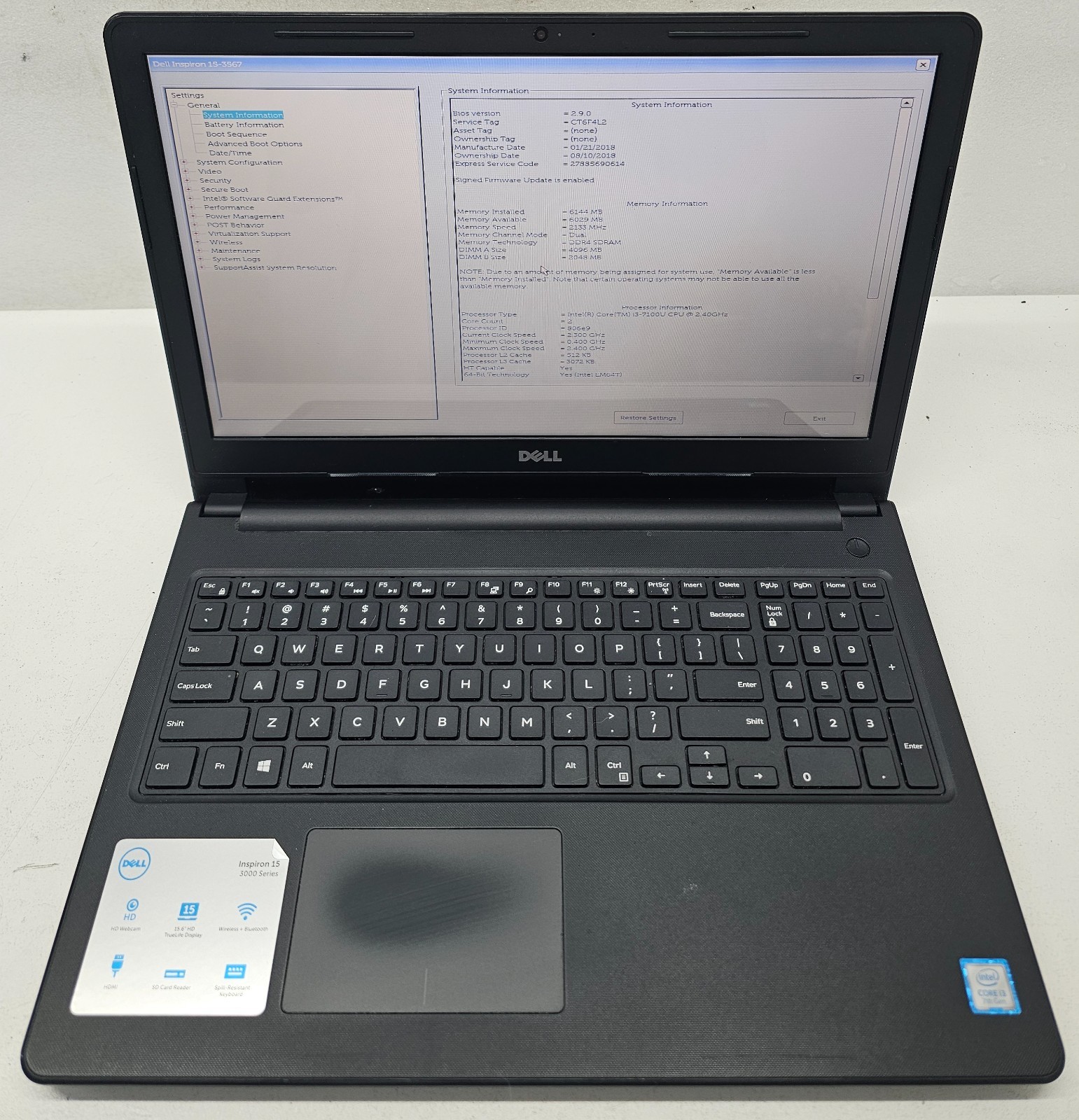 Dell Inspiron 15 3567 15.6″ Laptop Intel Core i3-7100U 6GB RAM NO HD/OS (FL)