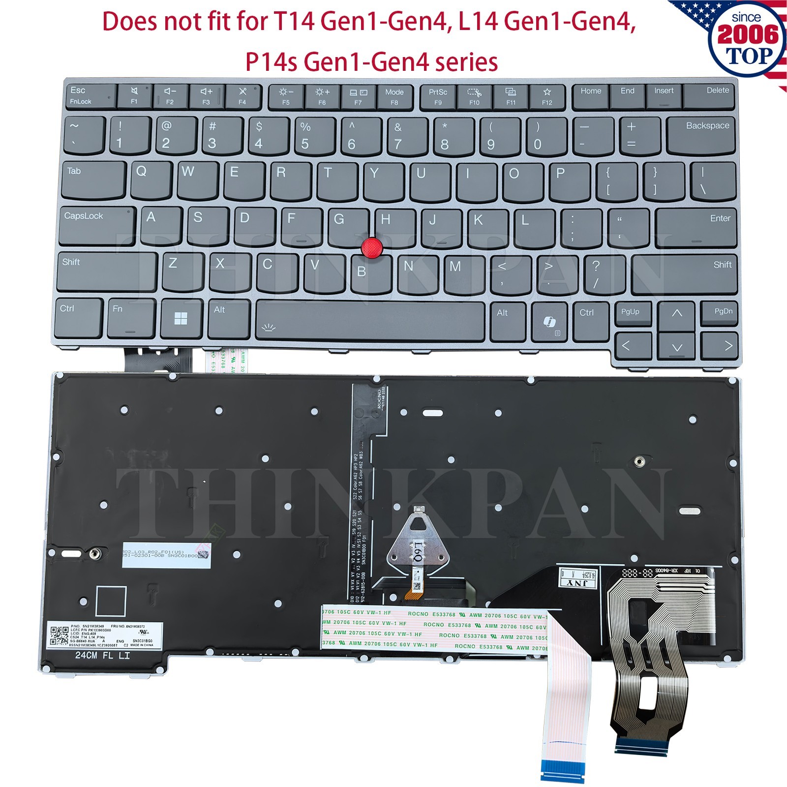 Genuine US Gray Backlit Keyboard for Lenovo Thinkpad T14 /L14 /P14s Gen 5 Gen 6