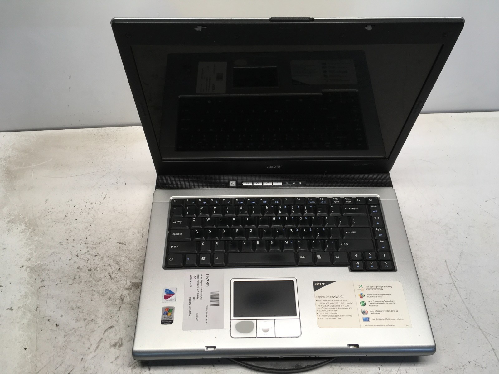 Acer Aspire 3618AWLCi Intel Pentium M 1.8GHz 511 MB NO HDD