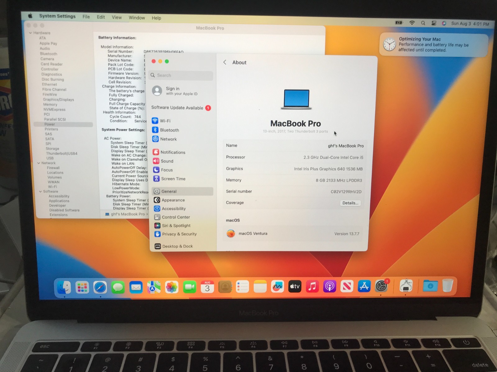 Apple MacBook Pro 2017 13″ i5 8GB 256GB A1708 Sliver Service Battery #352