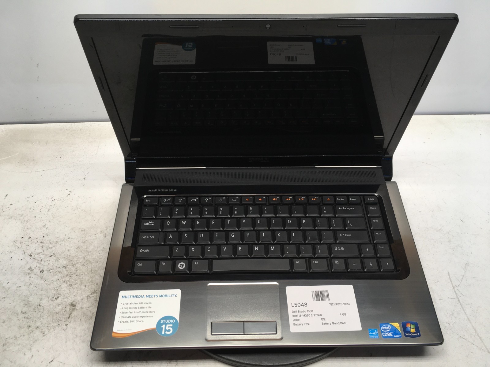 Dell Studio 1558 Intel i3-M350 2.27GHz 4 GB NO HDD/Battery