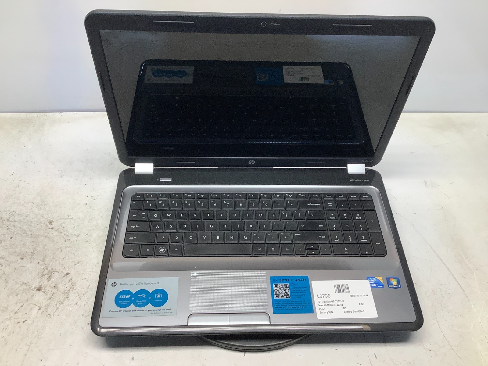 HP Pavilion G7-1227NR Intel i3-M370 2.4GHz 4 GB NO HDD/Battery