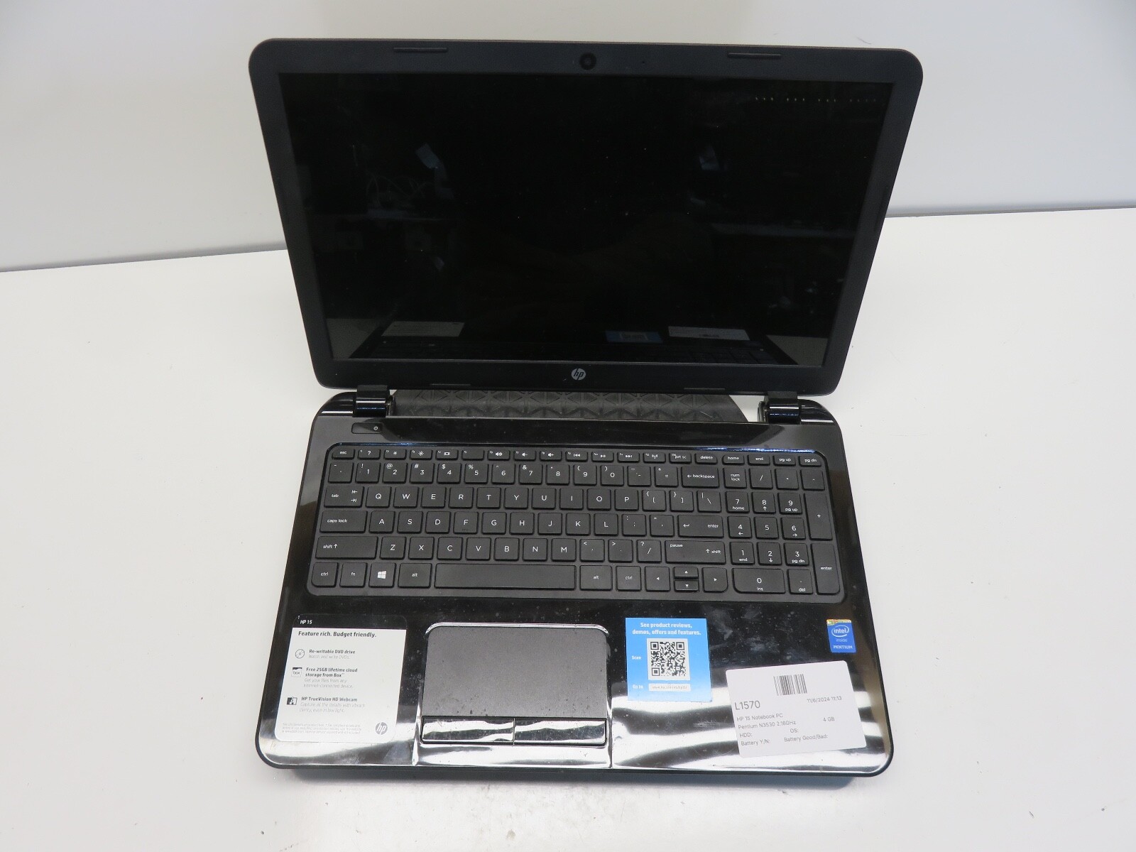 HP 15 Notebook PC Pentium N3530 2.16GHz 4 GB NO HDD No Batt