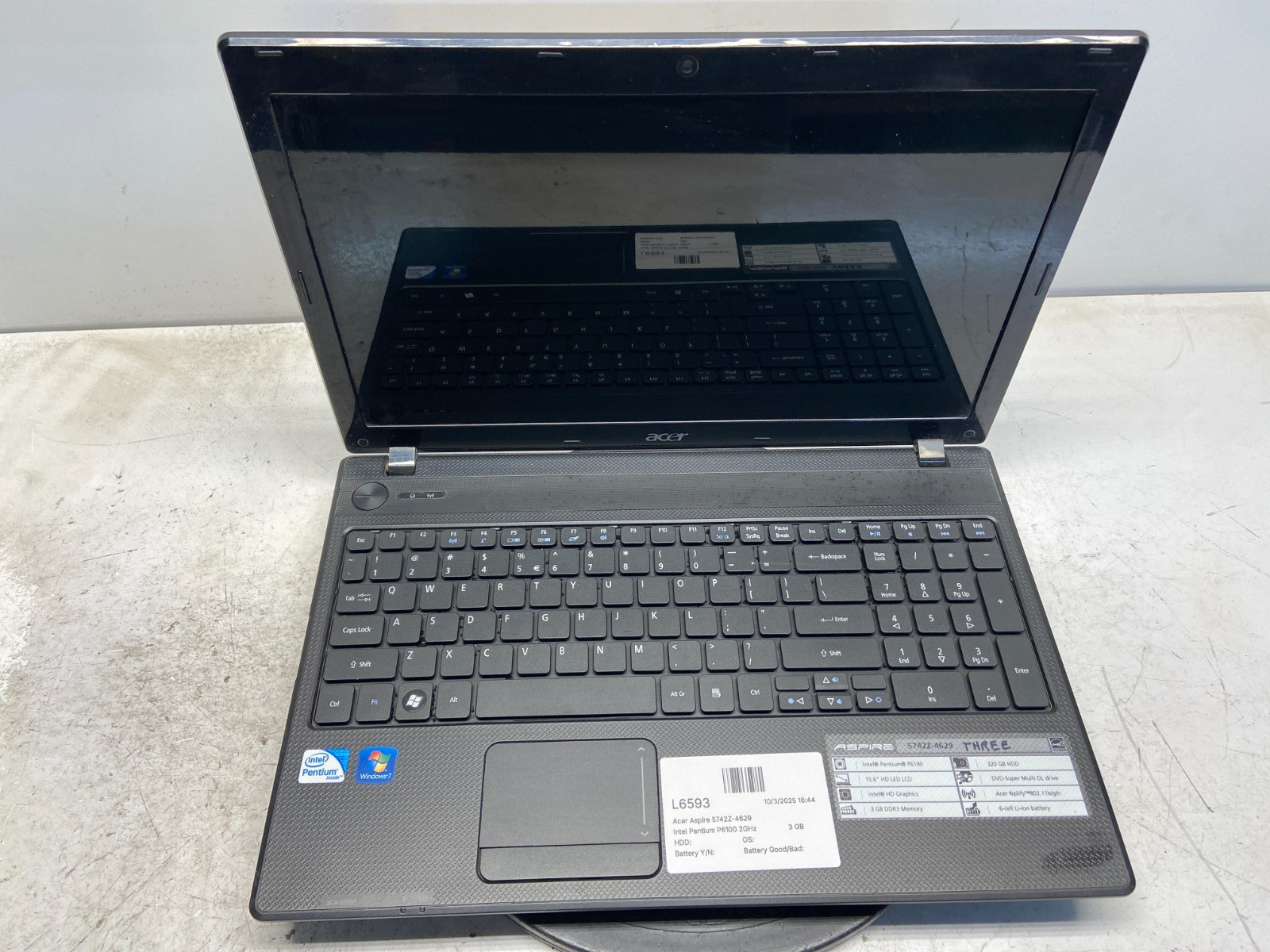 Acer Aspire 5742Z-4629 Intel Pentium P6100 2GHz 3 GB NO HDD