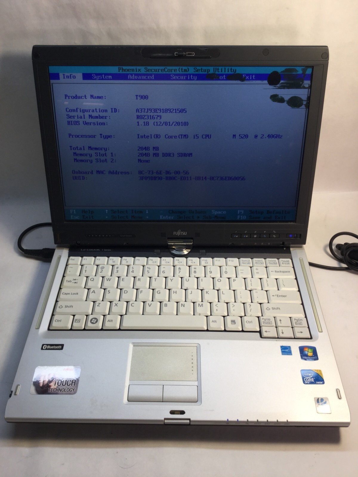Fujitsu Lifebook T900 13″ Intel Core i5-M520- BOOTS TO BIOS/ DISPLAY DAMAGE -MZ