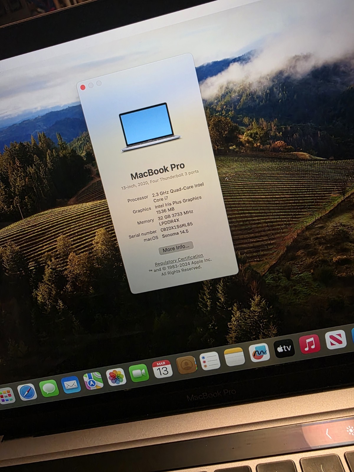 Apple MacBook Pro 13″ 2020 i7 2.3GHz 32GB RAM 1TB SSD Sonoma 173 Cycles