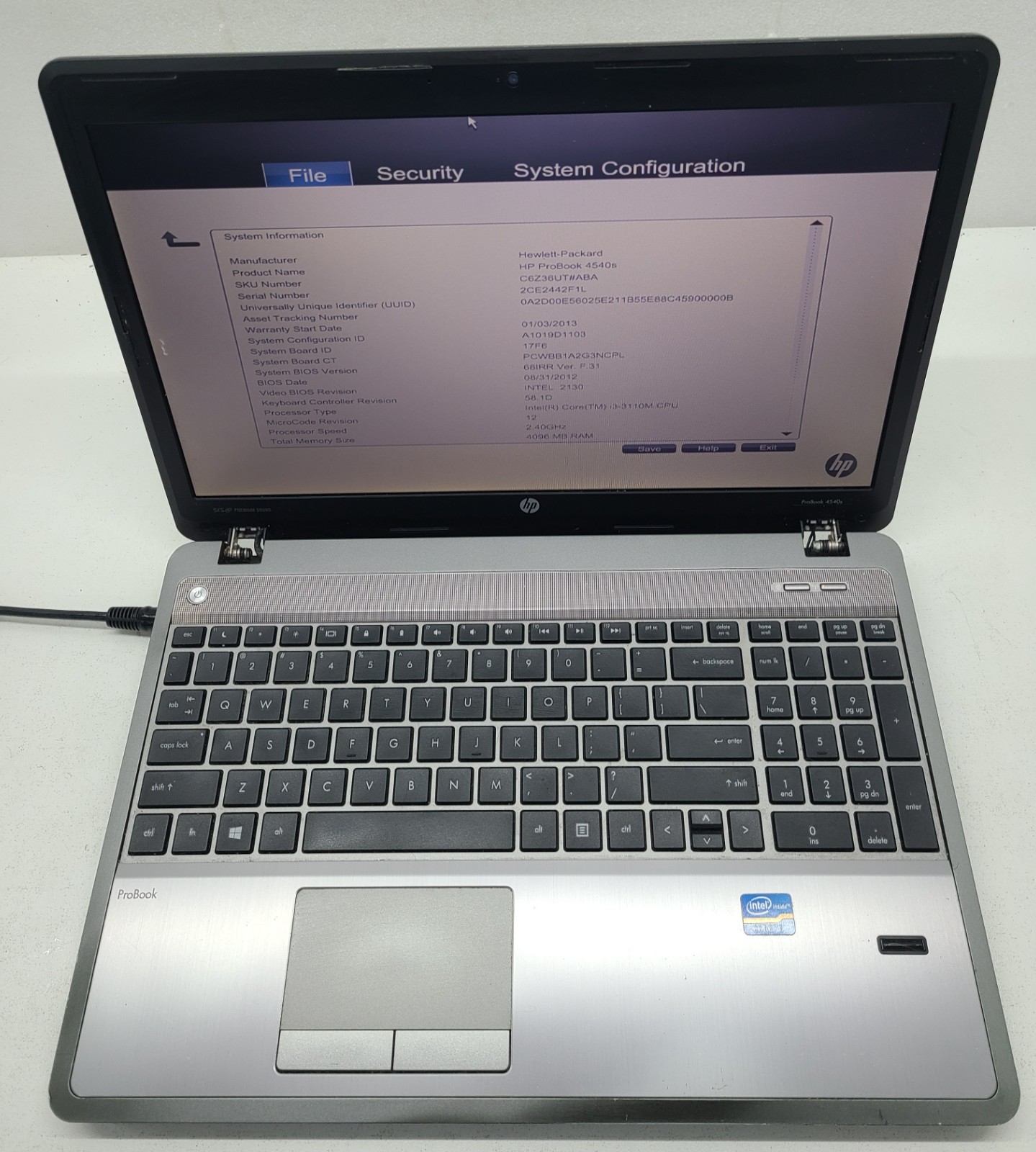 HP ProBook 4540s 15.6″ Laptop Intel Core i3-3110M 4GB Ram NO HD/OS/BATT (FL)