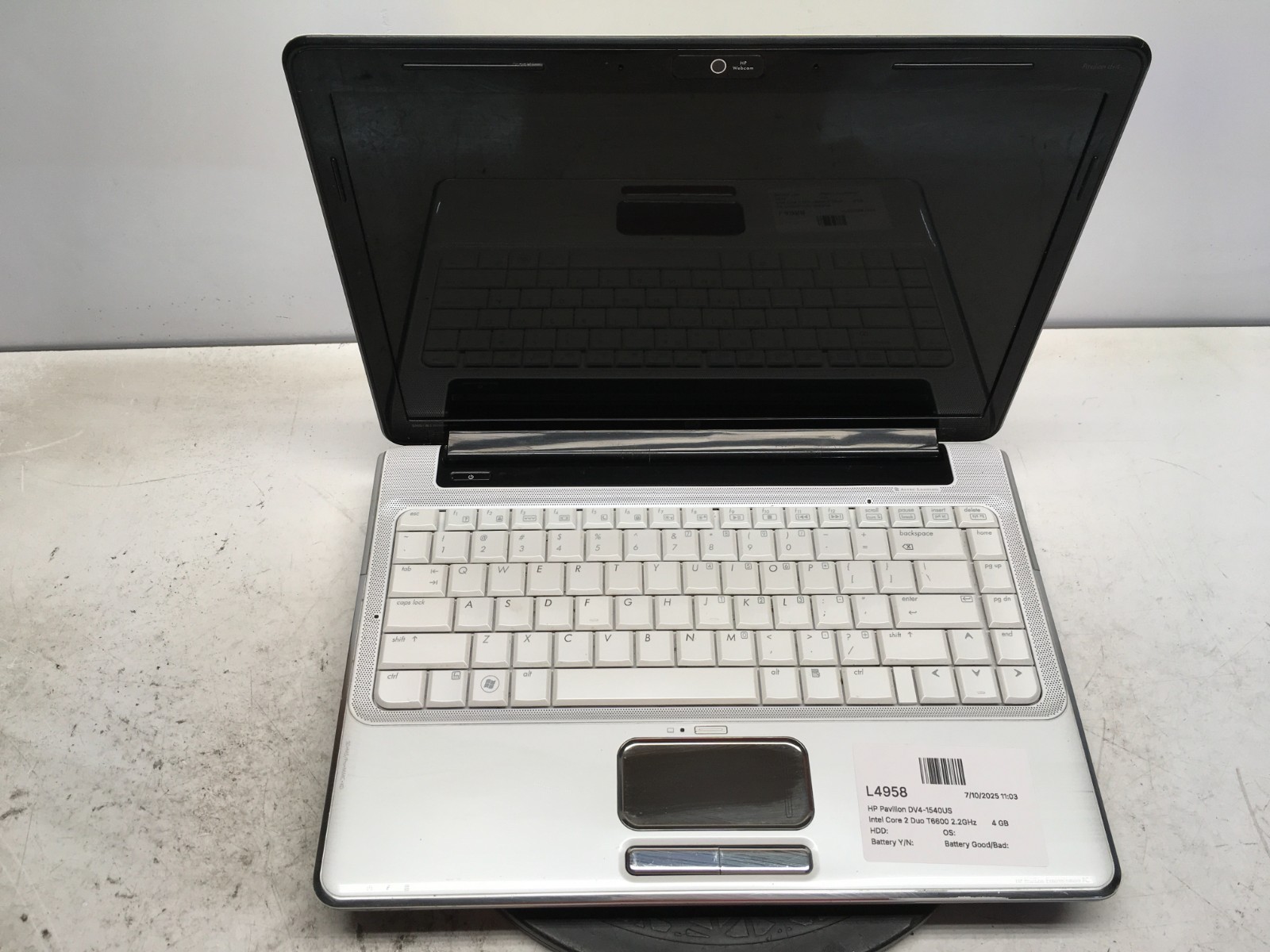 HP Pavilion DV4-1540US Intel Core 2 Duo T6600 2.2GHz 4 GB NO HDD