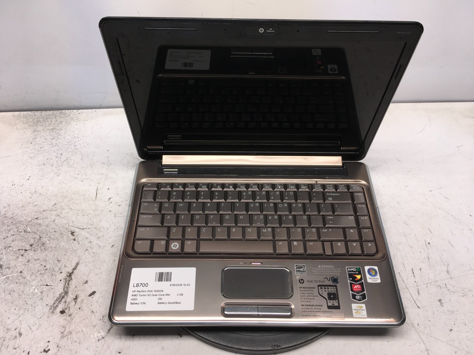 HP Pavilion DV4-1225DX AMD Turion X2 Dual-Core RM-72 2100MHz 2 GB NO HDD