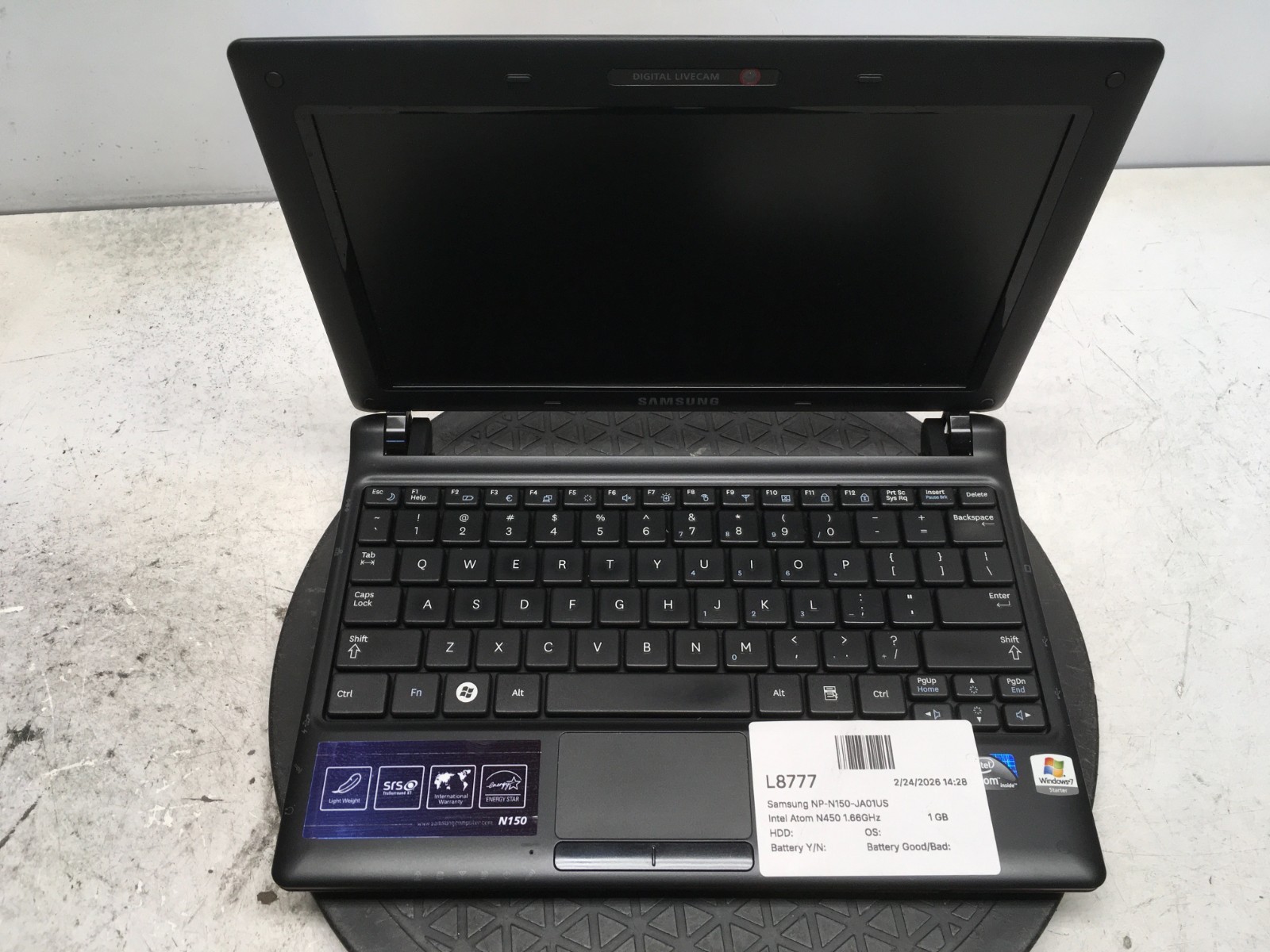 Samsung NP-N150-JA01US Intel Atom N450 1.66GHz 1 GB NO HDD
