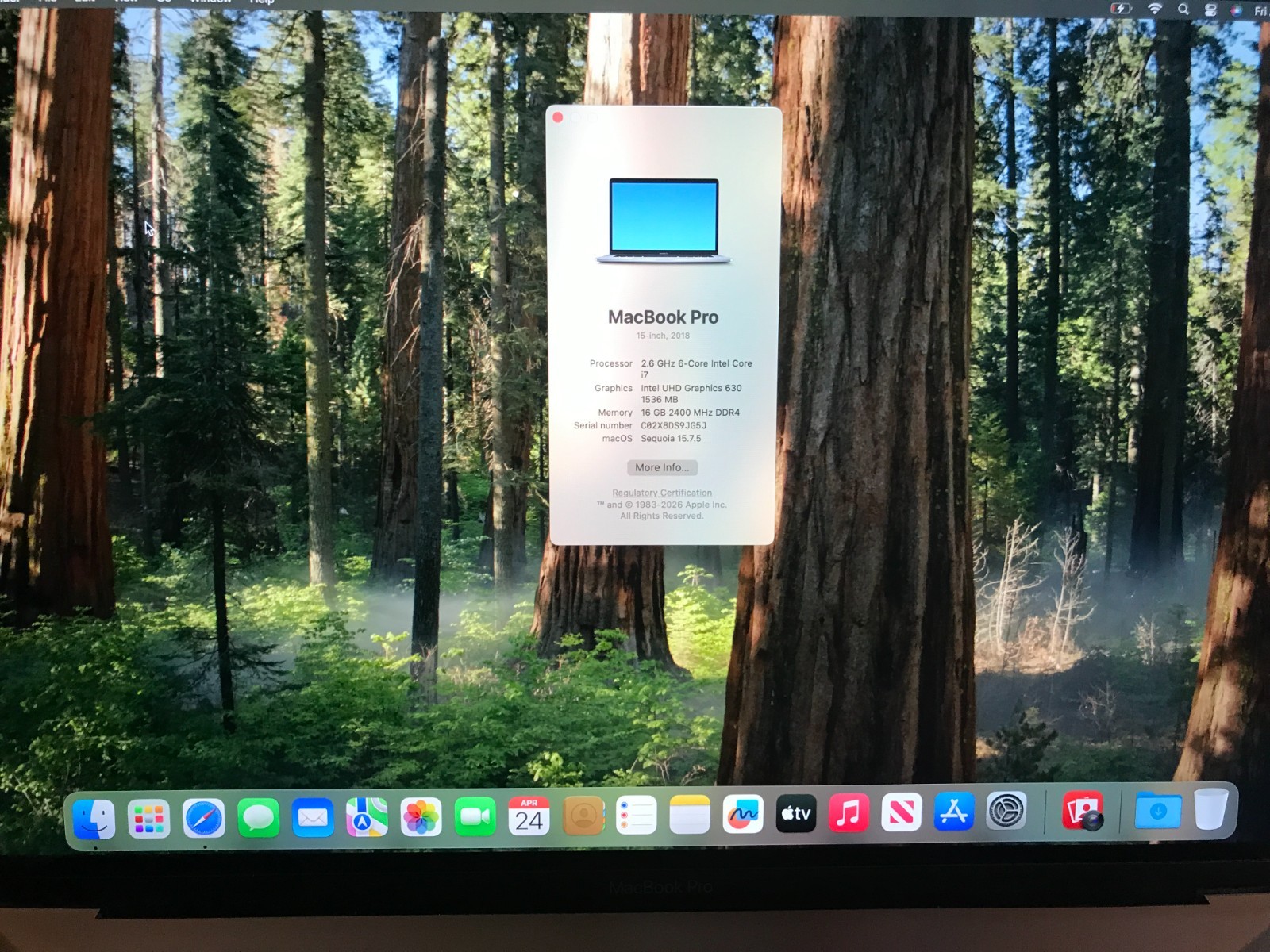 Apple MacBook Pro 15″  A1990 2018 i7@2.6GHz 16GB 512GB Gray Service Battery#051