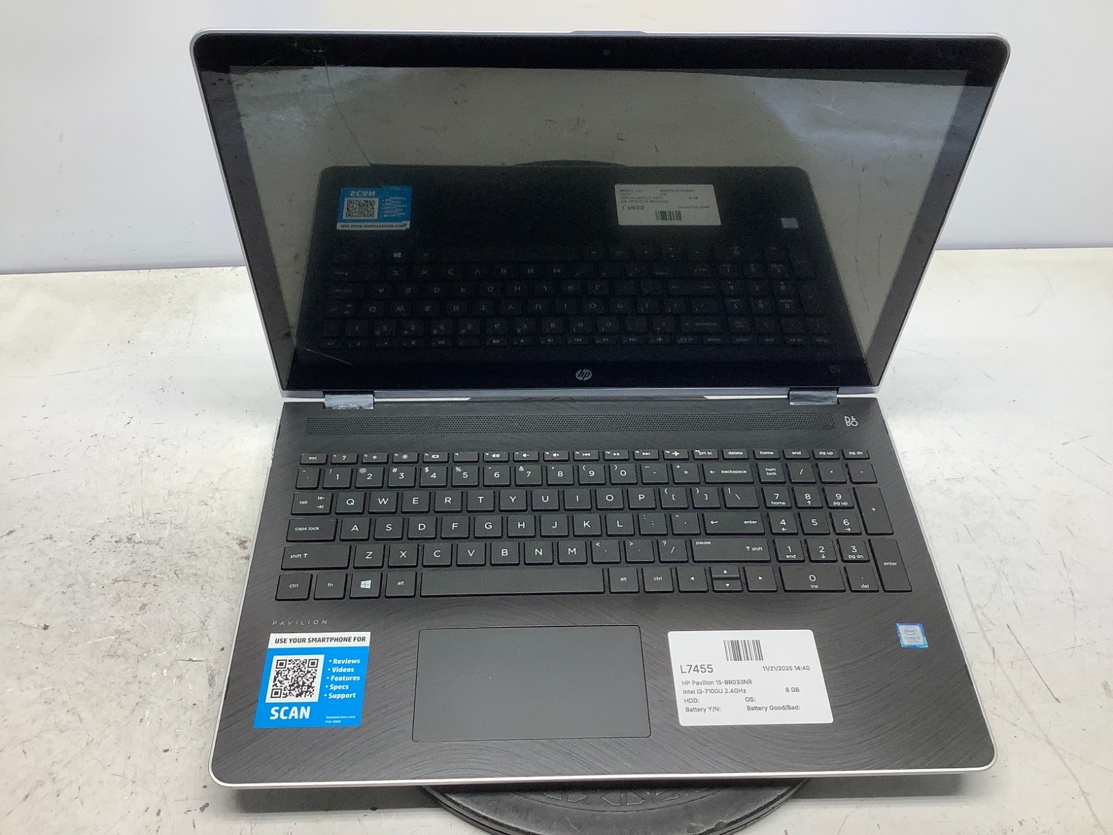 HP Pavilion 15-BR033NR Intel i3-7100U 2.4GHz 8 GB NO HDD