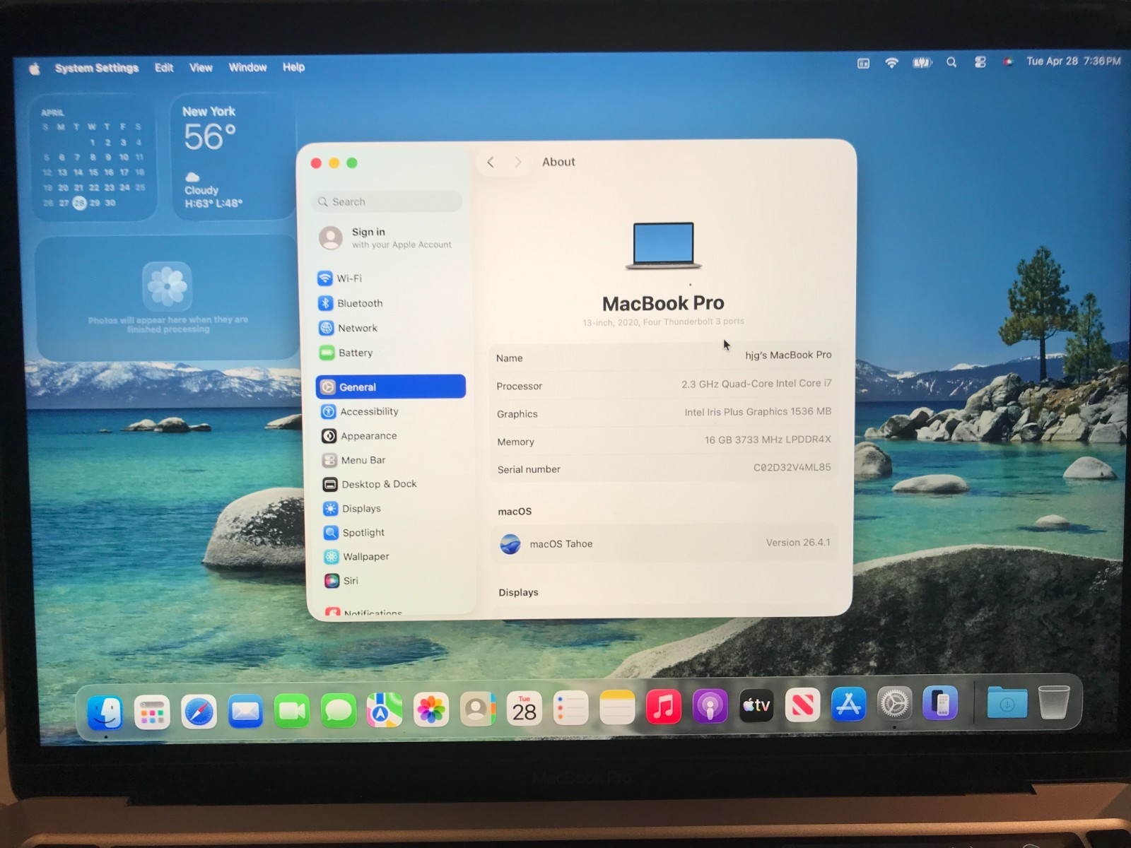 2020 Apple MacBook Pro 13.3″ i7 2.3GHZ 16GB 512GB Gray A2251 Service Battery#076