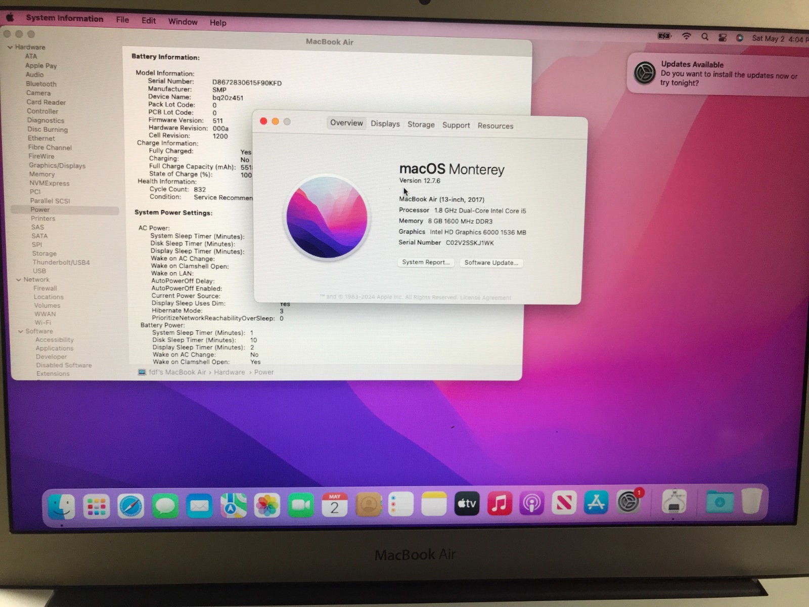 Apple  MacBook Air A1466 2017  13″  i5 1.8GHZ  8GB 128GB Service  Battery #091