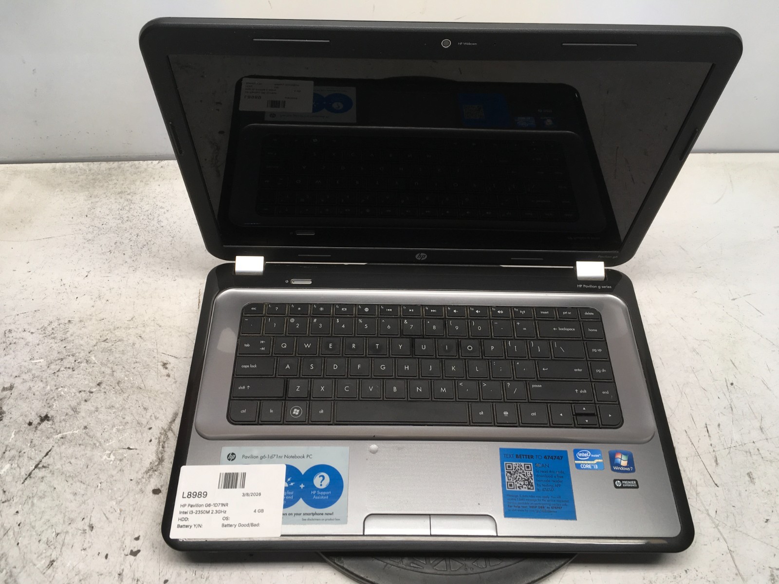 HP Pavilion G6-1D71NR Intel i3-2350M 2.3GHz 4 GB NO HDD