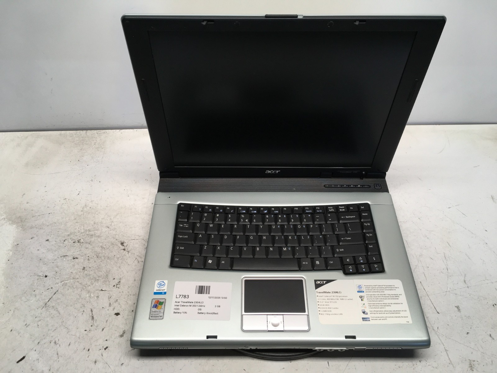 Acer TravelMate 2304LCi Intel Celeron M 350 1.3GHz 2 GB NO HDD