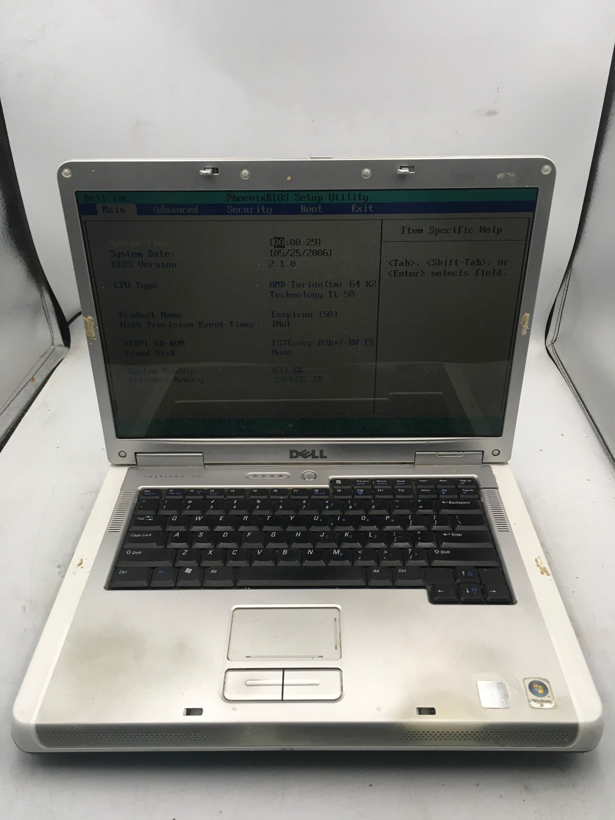 DELL INSPIRON 1501 – BOOTS TO BIOS – AMD TURION X2 – 1GB RAM – 15″ -READ DESC-BB