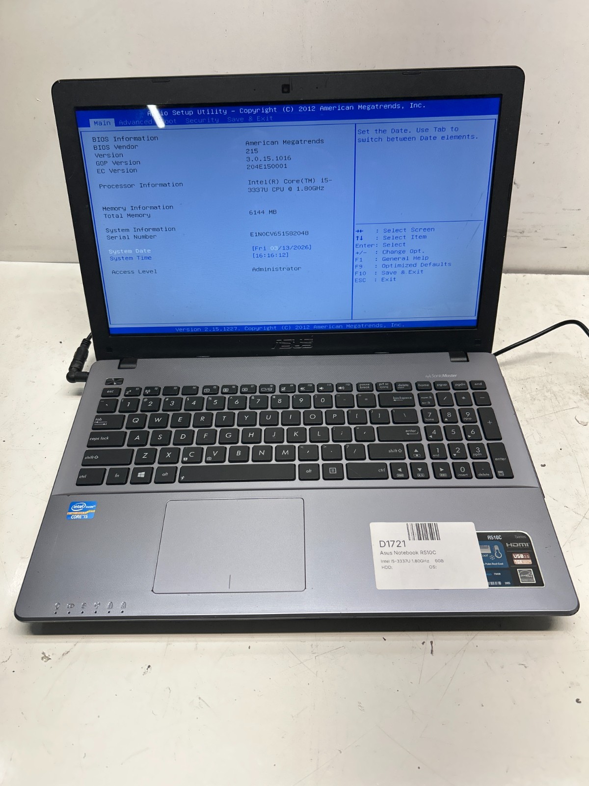 Asus Notebook R510C Intel i5-3337U 1.80GHz 6GB NO HDD
