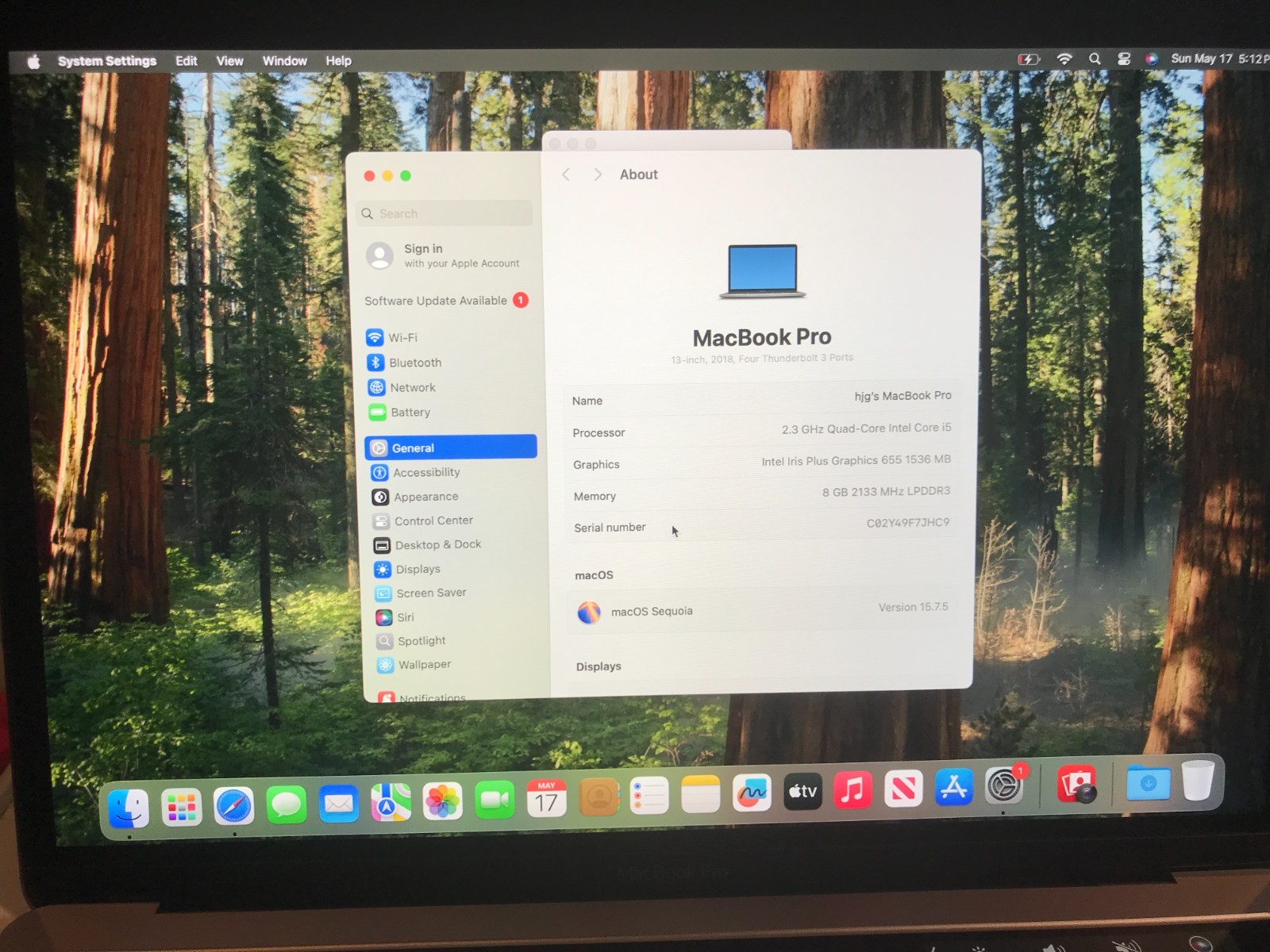 APPLE MacBook 13″ 2018 A1989 i5 2.3GHZ 8GB 512GB Gray Service Battery #122