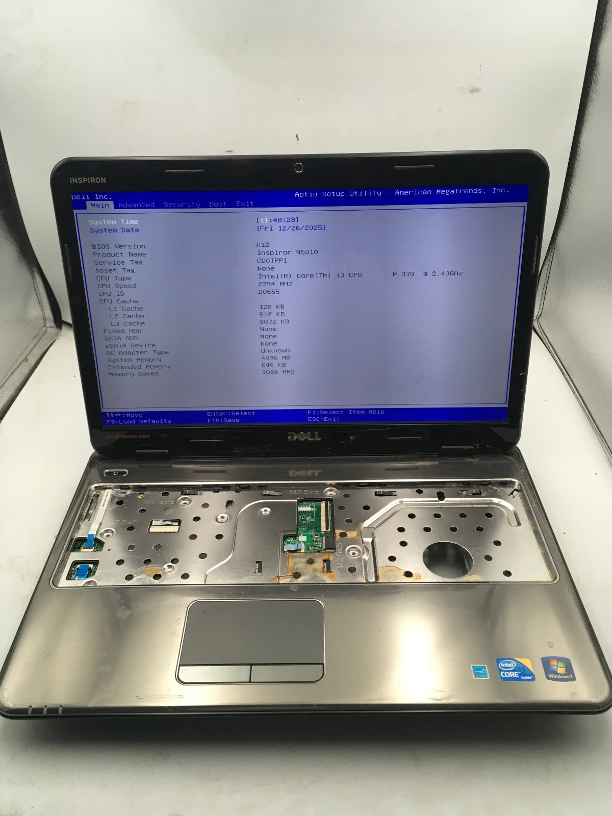 DELL INSPIRON N5010 – BOOTS TO BIOS – INTEL I3 M370 – NO RAM – READ DESCRIP – BB