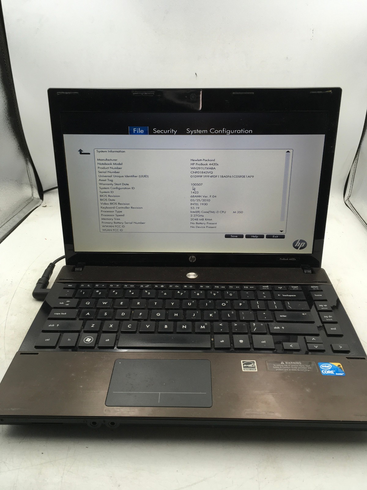 HP PROBOOK 4420S – BOOTS TO BIOS – INTEL I3 M350 – 2GB RAM – 14″ – READ DESC -BB