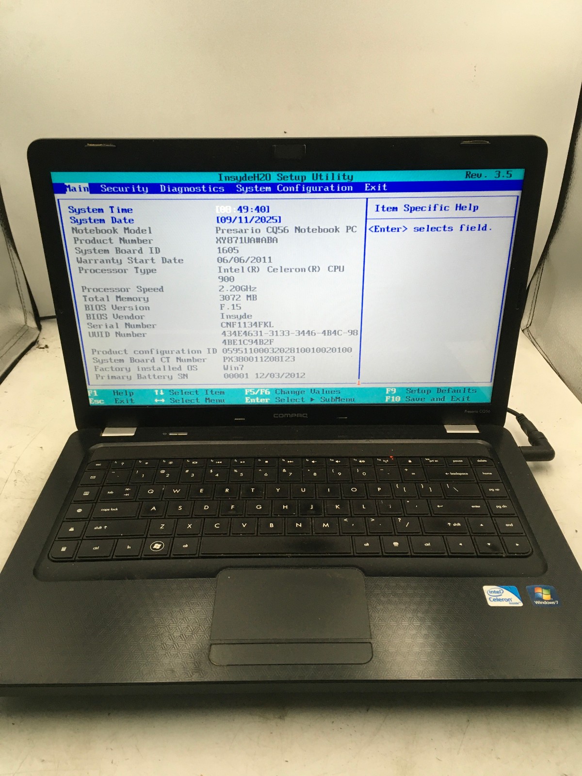 HP PRESARIO CQ56 – BOOTS TO BIOS – INTEL CELERON – 3GB RAM – 15″ – READ DESC -BB