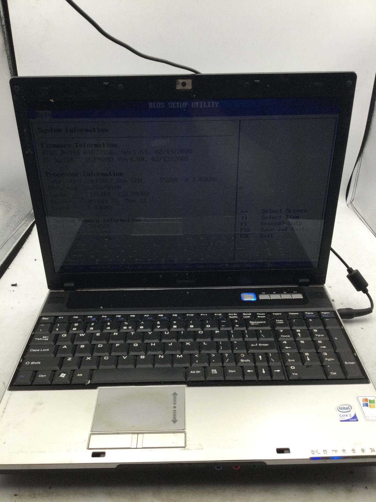 SYSTEMAX MS-16372 – BOOTS TO BIOS – INTEL CORE 2 DUO – 2GB RAM – 15″ – READ – BB